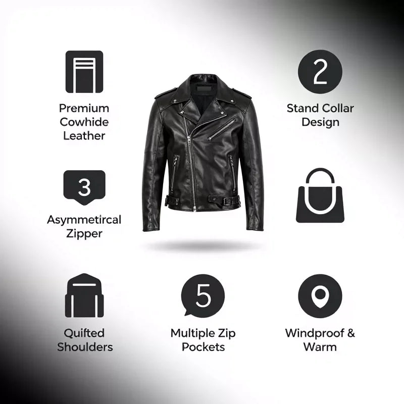 Men's First-Layer Cowhide Leather Jacket Stand Collar Biker Motorcycle Jacket Asymmetrical Zipper Slim Fit