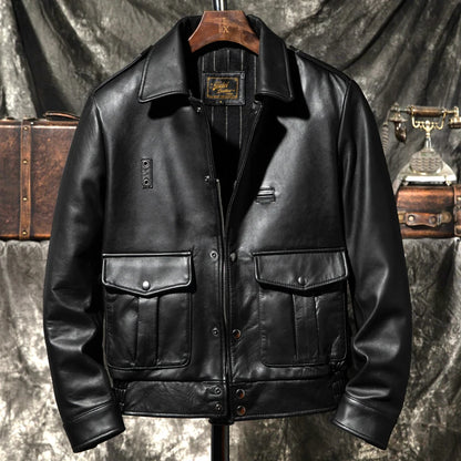 Black Winter Leather Jacket Men Sports Style Plus Size 5XL Genuine Natural Thick Sheepskin Turn-Down Collar Mounted Police Coat