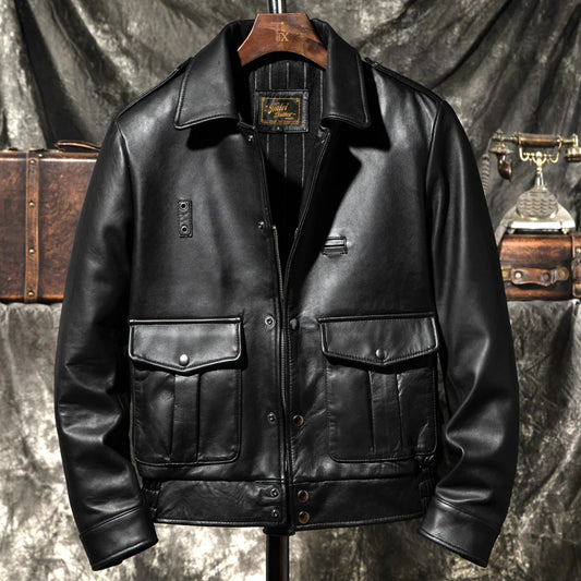 Black Winter Leather Jacket Men Sports Style Plus Size 5XL Genuine Natural Thick Sheepskin Turn-Down Collar Mounted Police Coat