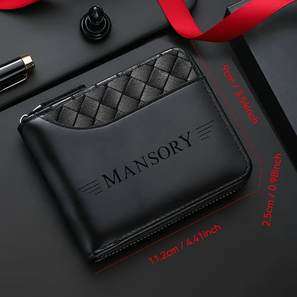 Personalized Luxury Faux Leather Wallet for Men Embossed Top, Smooth Black Faux Leather Body, Zip Closure, Multiple Card Slots