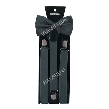 Suspenders Man Bowtie Solid Color Elastic PU Leather Suspenders For Man Belt Adjustable Straps For Wedding Bow Tie Accessories
