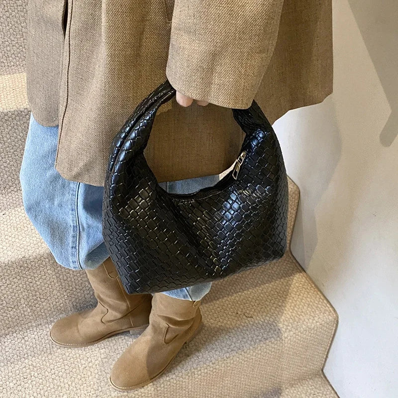 Women Classic Handbags for Women Fashion Woven Embossed Soft PU Leather Small Top Handle Shoulder Bag, Casual Daily Use Tote Bag