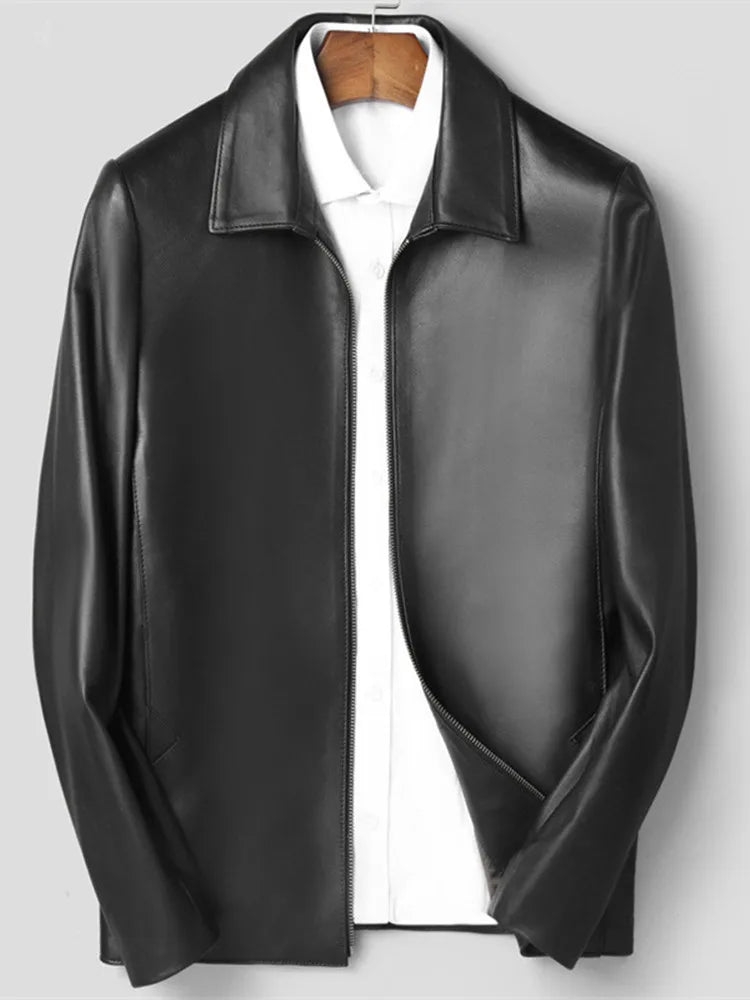 Men's Black Genuine Leather Jacket Sheepskin Lapel Big Size 8XL Handsome Outerwear for Spring And Autumn