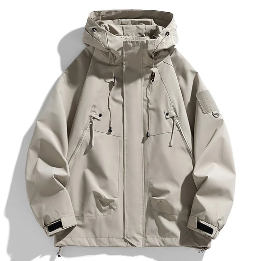 Windbreakers Men Hooded Jacket Zipper Coat Cargo Waterproof Black Bomber Camping Loose Thin Softshell Hooded Hiking Jacket