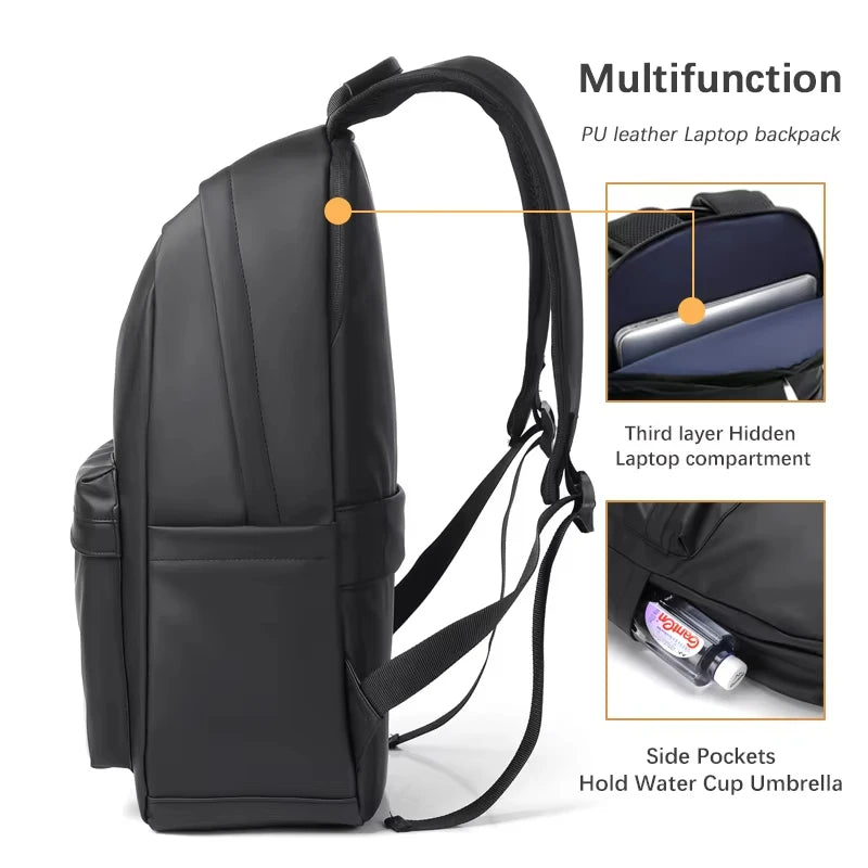 New Fashion Men PU Leather Backpack Black School Bags for Teenager 15.6 Inch Laptop Backpacks Mochila Masculina High Quality