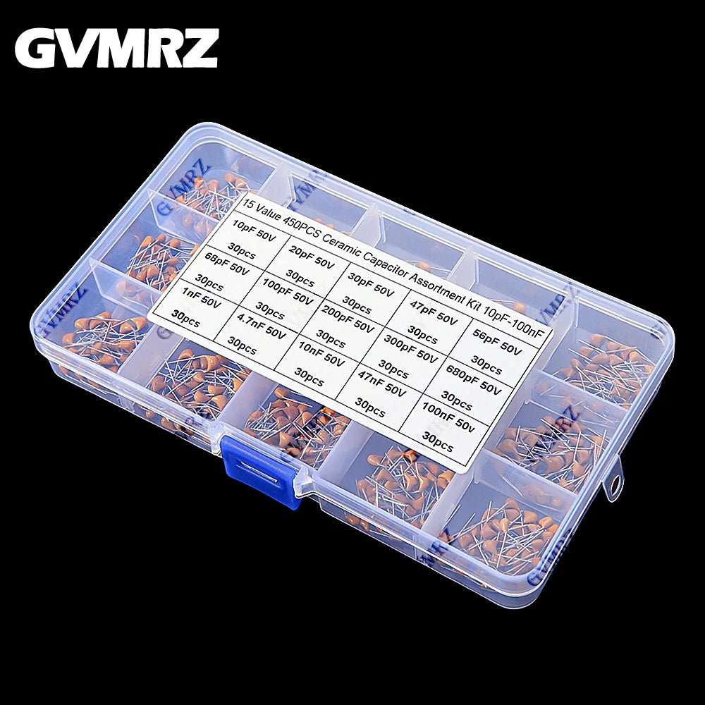 450PCS Monolithic Ceramic Capacitor Kits 10pF - 100NF 50V 10PF 30PF 47PF 56PF 68PF 100PF 200PF 300PF PF 10NF 100NF MLCC with Box