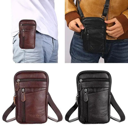 Leather Waist Bag Men's Mobile Phone Bag Wearing Belt Outdoor Sport One Shoulder Small Bag Doing Business Crossbody Bags