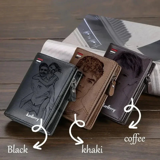 Custom Photo Text Men Wallet Engraved Picture Wallet High Quality PU Leather Bi-Fold Personalized Gift for Dad Husband Boyfriend