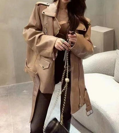 Black Leather Jacket for Women 2025 Spring and Autumn New Loose Fashion Versatile High-end Feel