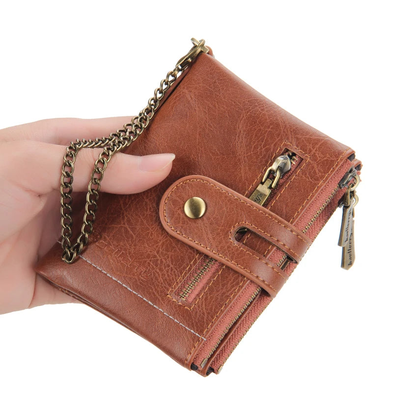 Business Men Wallets PU Leather Short Card Holder Chain Luxury Brand Men's Purse High Quality Classic Retro Male Wallet