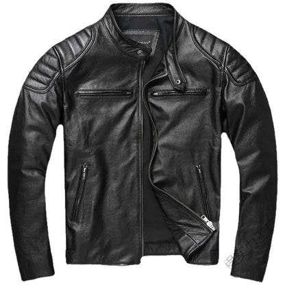 New Vintage Black Leather Jacket Natural Cowhide Men Motorcycle Biker Coat Mens Slim Calf Skin Coat