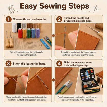 Leather sewing tool set with waxed thread and needle threader, DIY craft accessory set suitable for leather sewing