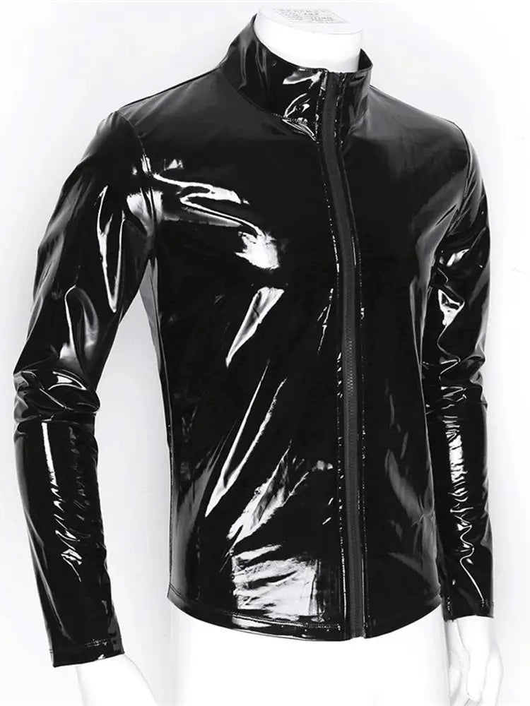 Long Sleeve Wet Look PVC Mens Jackets Coats Shiny PU Leather Tops Tights Sexy Clubwear Windbreaker Streetwear Motorcycle T Shirt