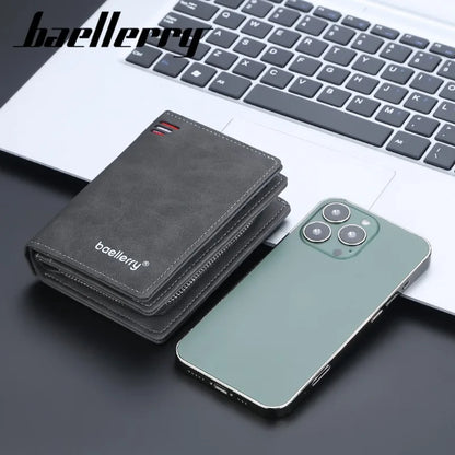 Baellerry Leather Men Wallets Zipper Short Desigh Wallet Hipster Credit Card Holders Inserts Coin Purses Vintage Walltes