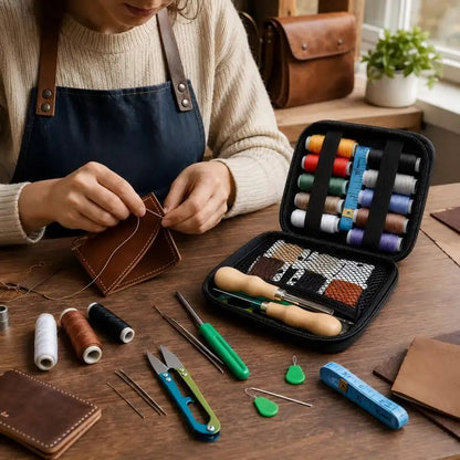 1 set, leather sewing tool kit, with waxed thread, needles, and awl, professional DIY leather craft accessories and tools