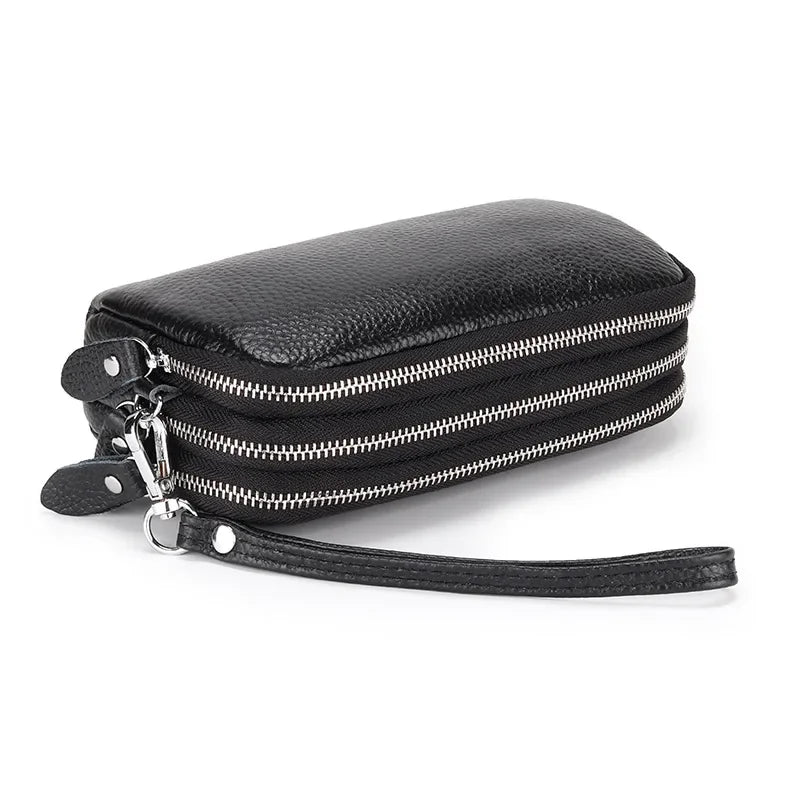Women Long Wallet Genuine Leather 3-Layer Zipper Purse Bag Large Capacity Wristlet Clutch Wallets Phone Bag Money Purses