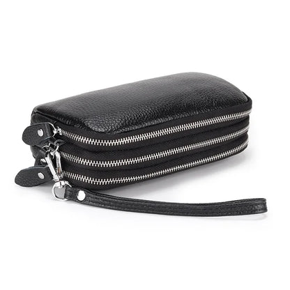 Women Long Wallet Genuine Leather 3-Layer Zipper Purse Bag Large Capacity Wristlet Clutch Wallets Phone Bag Money Purses