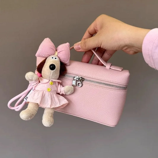 Lunch box bag, genuine leather women's bag, one shoulder crossbody handbag, lychee patterned makeup bag