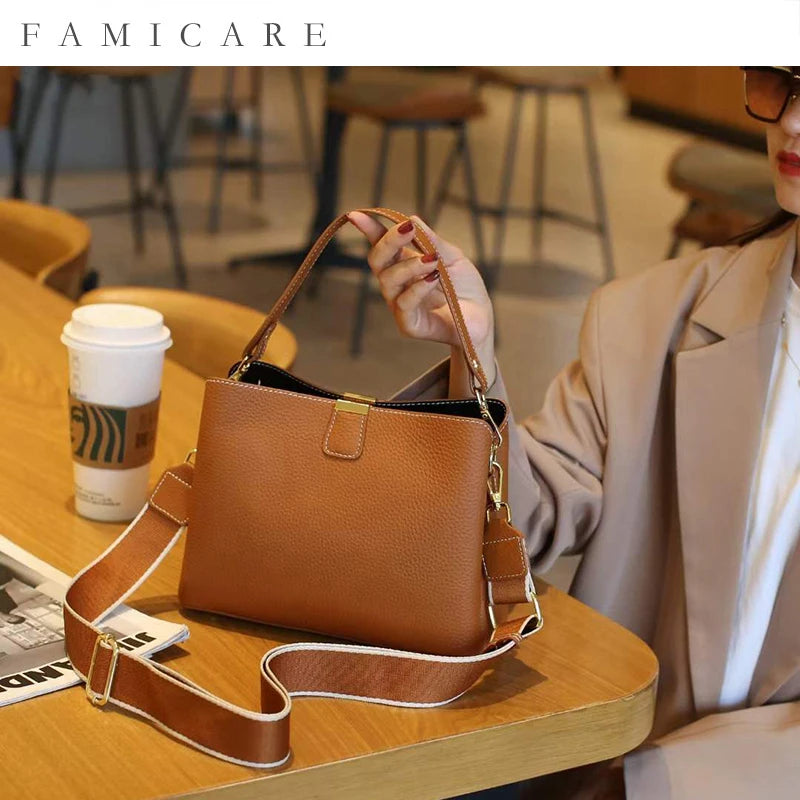 Women's Genuine Leather Handbag Luxury Bucket Style Casual Lady Fashion Shoulder Crossbody Messenger Bag for Girls 2025 Hot Sale