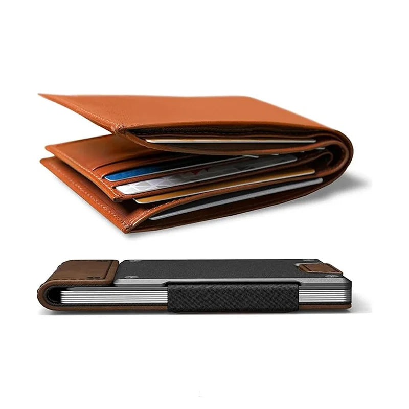 Ultra-Thin Metal & Leather Pull-Out Wallet for Men, Genuine Leather Card Holder