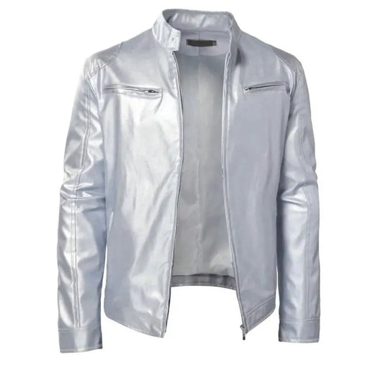 Men Shiny Metallic Pu Leather Jacket Stand Collar Slim Zipper Coat Gold Silver Color Stage Performance Party Outerwear S-5Xl