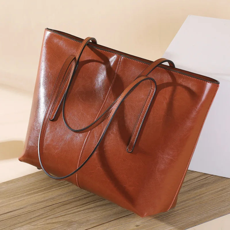 Genuine Leather Women's Large Capacity Tote Bag Women Fashion High quality Cowhide hand shoulder bag Commuter shopping bag