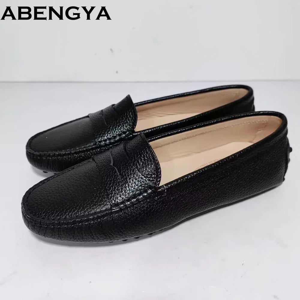 ABENGYA Real Leather Loafers Flat Shoes Women Slip On Ladies Casual Single Shoes Ballet Flats Shoes For Women Mules