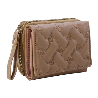 PU Leather Tri-Fold Wallet for Women Embroidery Multiple Card Slots Purse with Coin Pocket Minimalist Cash Card Holder