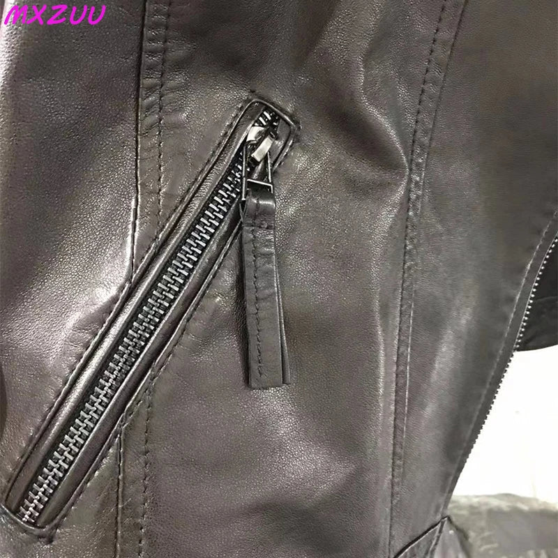 Leather Coat Women Short All-match European Fashion Biker Genuine Sheepskin Black Jackets Zipper Pocket Jaqueta Couro Feminina