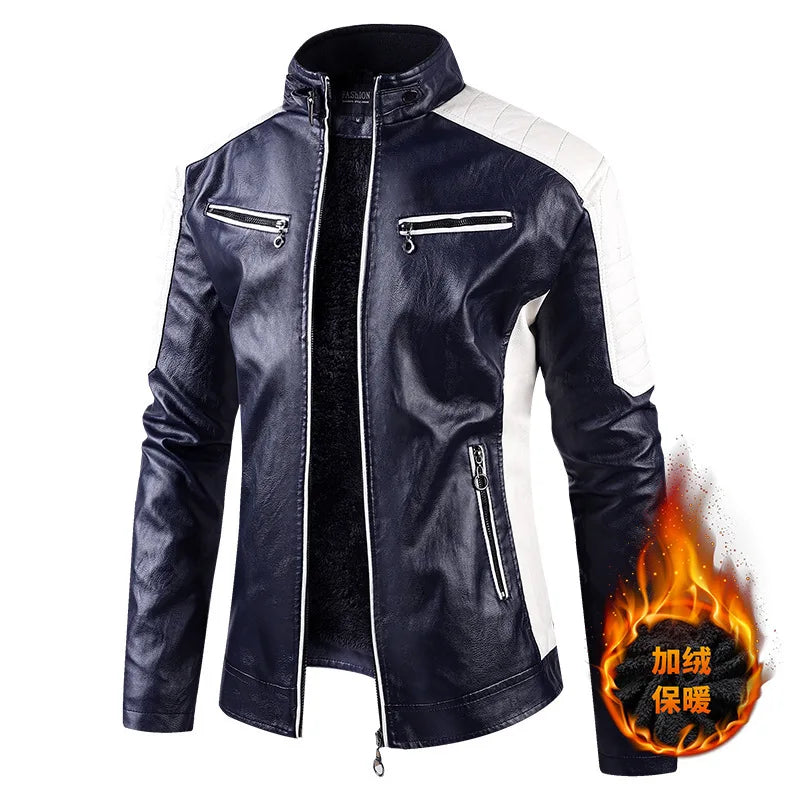 Men Stand Collar Moto Leather Jackets Fleece Winter Jackets Slim Fit PU Leather Coats High Quality Male Fashion Casual Jackets 5