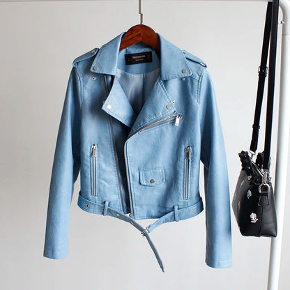 New Leather Jacket Women's Fashion Autumn PU Slim Fit Artificial Leather Motorcycle Coat Black Red Leather Jacket Women
