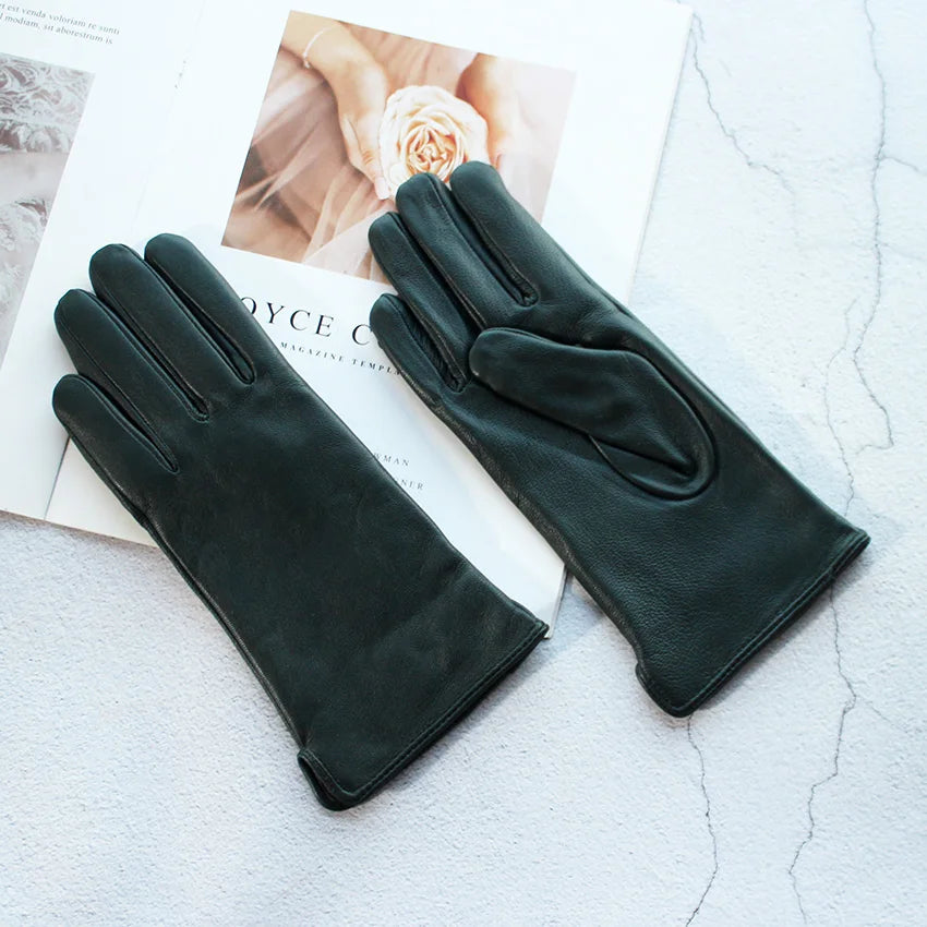 Leather Sheepskin Gloves Women's Autumn Warm Fleece Lining Color Fashion Thin Outdoor Activities Electric Bike Riding Driving