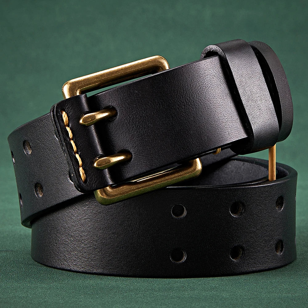3.8cm Wide Vintage Men's Belt Cowhide Genuine Leather Belt Copper Double Needle Buckle Handmade Jeans Belt Fashion Male Strap