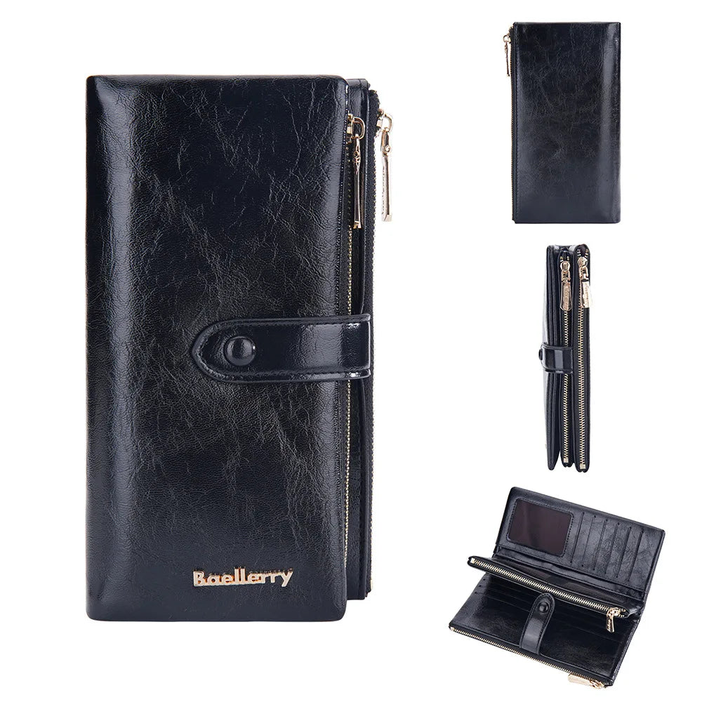 Oil Wax Leather Women's Long Wallet With Double Zipper Buckle Large Capacity Clutch Bag Multi-Card Holder