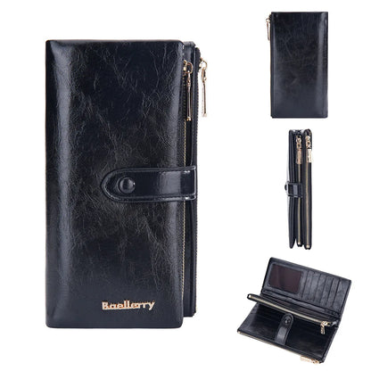 Oil Wax Leather Women's Long Wallet With Double Zipper Buckle Large Capacity Clutch Bag Multi-Card Holder