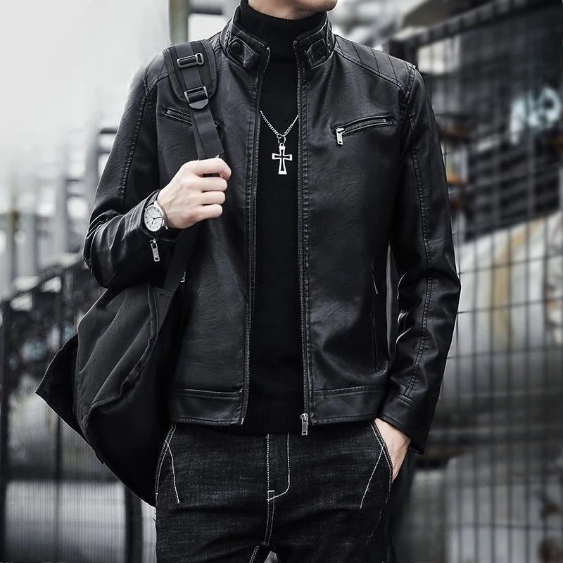 2026 New Leather Jacket Men's Spring and Autumn Thin Handsome Motorcycle Leather Jacket