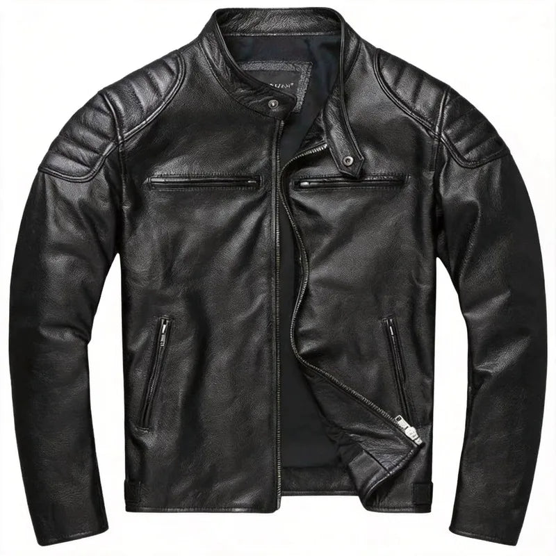 Men's First-Layer Cowhide Leather Jacket Stand Collar Biker Motorcycle Jacket Asymmetrical Zipper Slim Fit