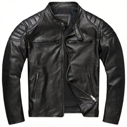 Men's First-Layer Cowhide Leather Jacket Stand Collar Biker Motorcycle Jacket Asymmetrical Zipper Slim Fit