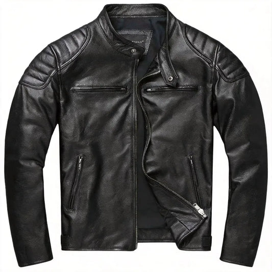 Men's First-Layer Cowhide Leather Jacket Stand Collar Biker Motorcycle Jacket Asymmetrical Zipper Slim Fit
