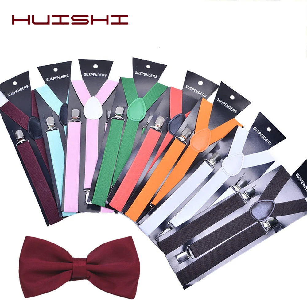 Suspenders Man Bowtie Solid Color Elastic PU Leather Suspenders For Man Belt Adjustable Straps For Wedding Bow Tie Accessories
