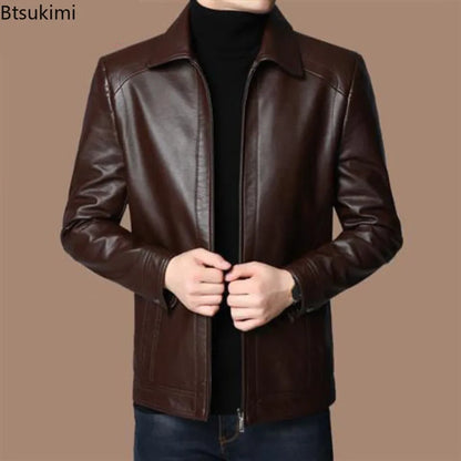 New Spring Autumn Leather Jackets Men Middle-aged Dad Installed Sheepskin Casual Business PU Jacket Male Faux Leather Suit Coats