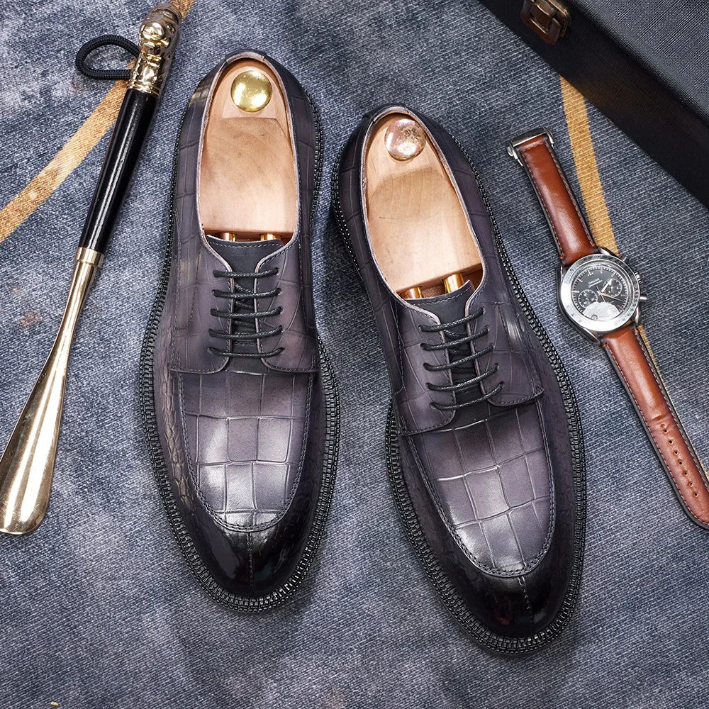 Men's Leather Shoes British Style Black Genuine Cowhide Crocodile Pattern Formal Derby Shoes Thick Sole Height Increase Shoes