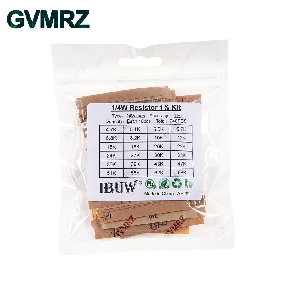 1/4W 1/2W 1W 2W 3W Resistance Set 1% Metal Film Resistor Assortment Kit 1K~820K 0.1R~750R 10K