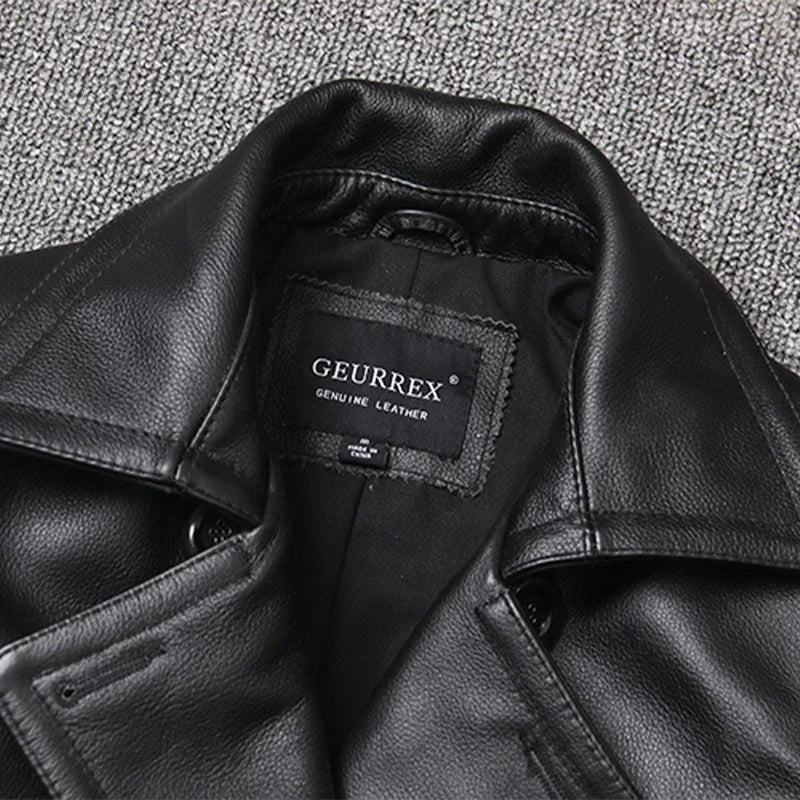 Genuine Leather Jacket Men's Top Layer Cowhide Jacket Mid-Length Men's Lapel Windbreaker Slim-Fit Jacket Double-Breasted