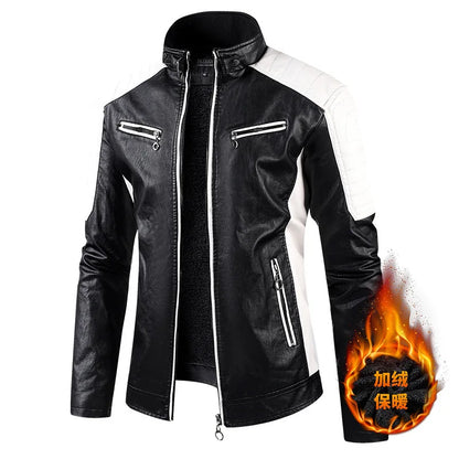 Men Stand Collar Moto Leather Jackets Fleece Winter Jackets Slim Fit PU Leather Coats High Quality Male Fashion Casual Jackets 5