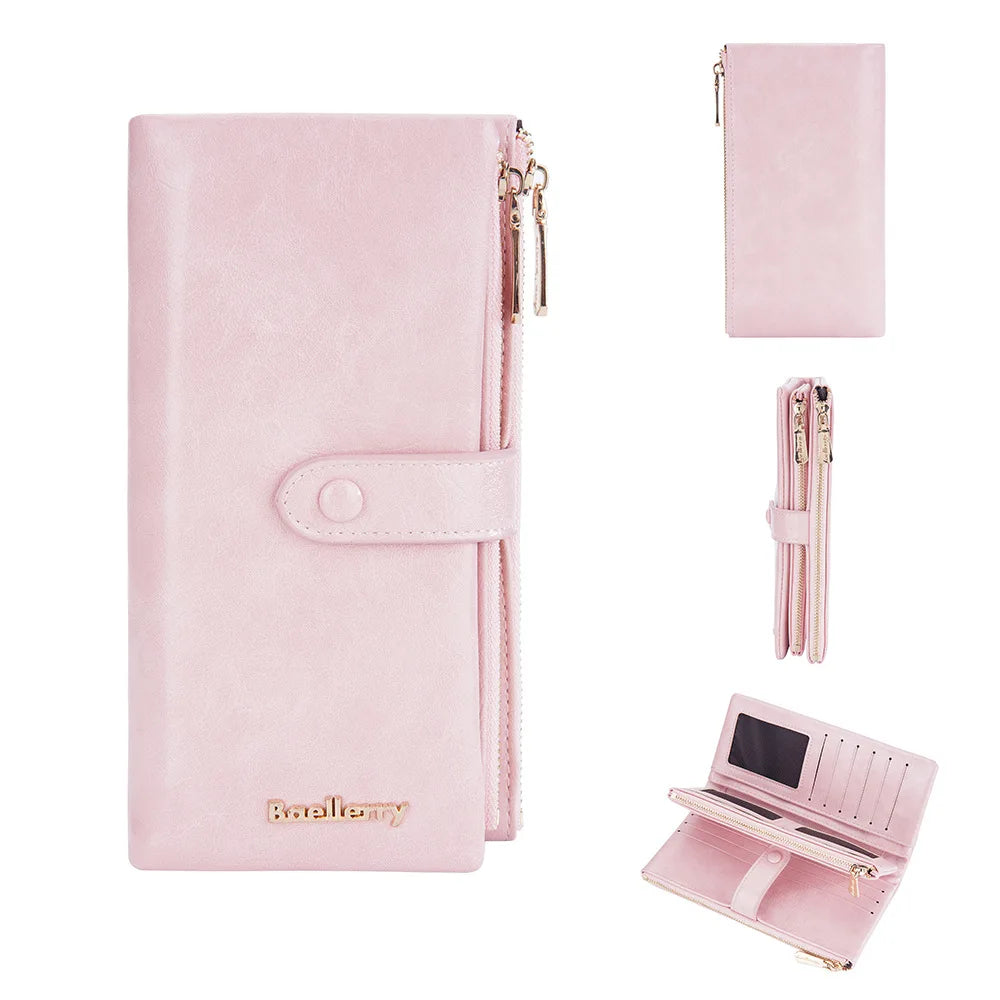 Oil Wax Leather Women's Long Wallet With Double Zipper Buckle Large Capacity Clutch Bag Multi-Card Holder