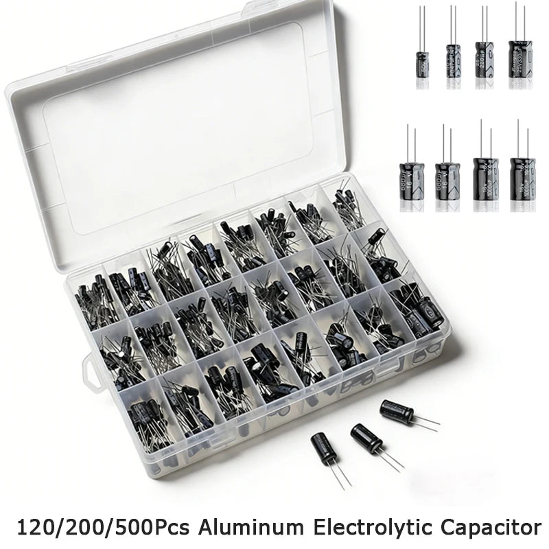 Aluminum Electrolytic Capacitor Assorted Kit 120/200/500PCS Boxed16V/25V/50V  0.1uF-1000uF 1uF 4.7uF 10uF 47uF 220uF 330uF 470uF