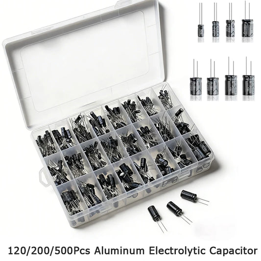 Aluminum Electrolytic Capacitor Assorted Kit 120/200/500PCS Boxed16V/25V/50V  0.1uF-1000uF 1uF 4.7uF 10uF 47uF 220uF 330uF 470uF