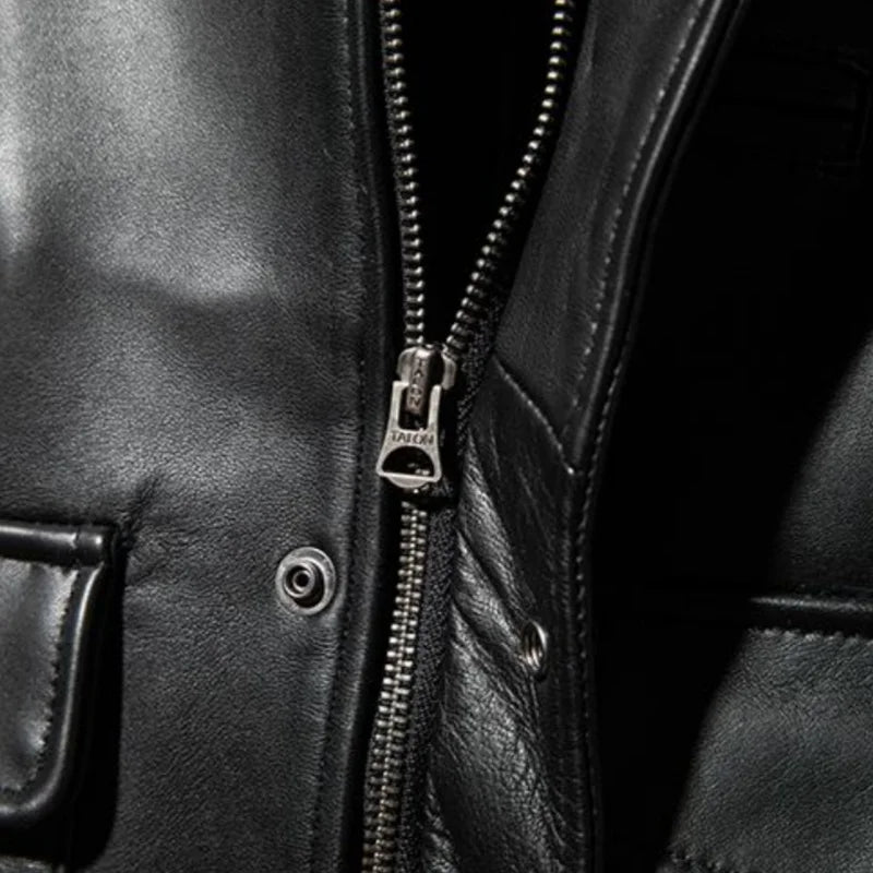 Black Winter Leather Jacket Men Sports Style Plus Size 5XL Genuine Natural Thick Sheepskin Turn-Down Collar Mounted Police Coat