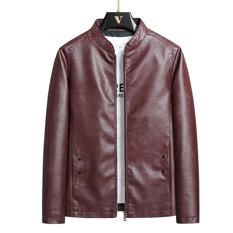 Men's Motorcycle PU Leather Jacket Spring New Thin Stand-up Collar Slim Handsome Top